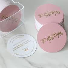 Many logos are round and you can use the shape of a circle business card to reinforce this branding. Round Business Cards For Desert And Event Buisness Round Business Cards Pink Gold Cakes Salon Business Cards Round Business Cards Business Cards Creative