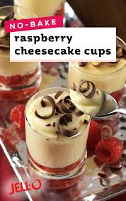 No Bake Raspberry Cheesecake Cups Philadelphia Cream Cheese Jell O Vanilla Pudding Baker S Semi Sweet Chocolate Milk Cheesecake Cups Food Dessert Recipes