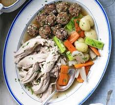 Poule Au Pot With Stuffing Balls Garlic Cream Recipe Roasted Veg Salad Bbc Good Food Recipes Poultry Recipes