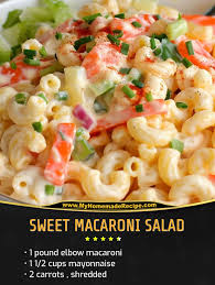 Sweet Macaroni Salad Ingredients : 1 pound elbow macaroni 1 1/2 cups  mayonnaise 1 cup sweetened condensed milk 2/3 cup apple cider vinegar 1/2  teaspoon kosher salt 1/4 teaspoon coarse ground black