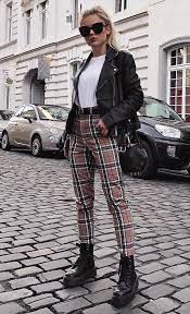 Cute Outfit Plaid Pants Boots Black Bag Biker Jacket Tee Casual Fall Outfits Leather Jacket Outfits Jacket Outfits