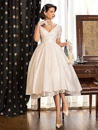 A Line Wedding Dresses V Neck Tea Length Taffeta Short Sleeve Vintage Little White Dress 1950s With Lace Criss Cross 2021 2021 Us 149 99 Short Wedding Dress Knee Length Wedding Dress