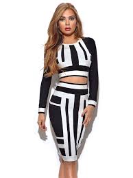 Janis Black And White Long Sleeve Two Piece Bandage Dress Designer Party Dresses White Long Sleeve Dresses