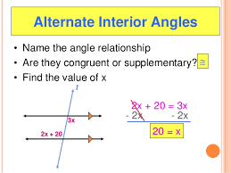 Alternate int angles are two interior angles which lie on different parallel lines and on opposite therefore, the only time alternate interior angles are complementary is when they are exactly 45. Alternate Angles
