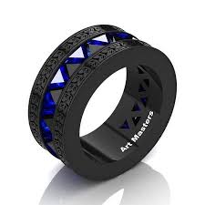 Black And Blue Wedding Ring Mens Modern Italian 14k Black Gold Triangle Black Diamond Blue Sapphire Channel Cluster Engraved Wedding Band R777e 14kbgbsbd Black Gold Ring Wedding Band Engraving Black Gold Jewelry