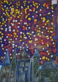 Feuerwerk Uber Der Stadt Tropfbatik Mit Bildern Kinderzeichnungen Feuerwerk Winterkunst