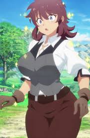 flio, lv2 kara cheat datta moto yuusha kouho no mattari isekai life,  absurdres, anime screenshot, highres, stitched, third-party edit, 1girl,  belt, blue eyes, breasts, brown gloves, brown hair, brown pants,  genderswap, genderswap (