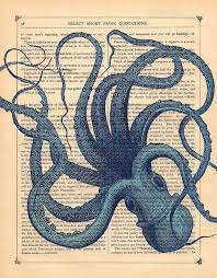 Free Shipping Worldwide Antique Squiggly Blue By Blackbaroque Octopus Art Book Art Octopus Art Print