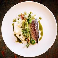Torched Mackerel Zucchini Flower Filled With Smoked Mackerel Pesto Buttermilk With Fermented Cucumber Sea Fennel Green Tomato Wi Food Plating Food Amazing Food