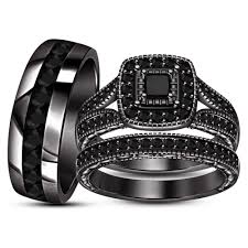 14k Black Gold Princess Diamond Engagement Ring Trio Wedding Band Bridal Set 2ct Black Diamond Bridal Set Black Diamond Wedding Bands Black Gold Wedding
