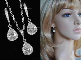Delicate Small Classic Clear Cubic Zirconia CZ Teardrop Halo Dangle Bridal  Earrings & Necklace Set, Bridal, Wedding (sparkle-2344)