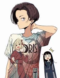 imigimuru, harukawa fuki, inoue takina, nishikigi chisato, lycoris recoil,  highres, official art, 2girls, arm behind head, black hair, brown hair,  character print, copyright name, forehead, long hair, lycoris uniform,  multiple girls, purple eyes, short hair, simple ...