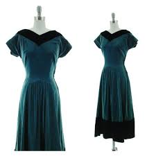 Vintage 1940s Dress Decadent Late 40s Indigo Blue Velvet Party Dress With Black Velvet Trim 1940s Dresses Dresses Party Dress