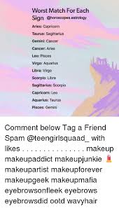 Love compatibility between woman of the sagittarius sign and man of the cancer sign. Worst Match For Each Ign Astrology Aries Capricorn Taurus Sagittarius Gemini Cancer Cancer Aries Leo Pisces Virgo Aquarius Libra Virgo Scorpio Libra Sagittarius Scorpio Capricorn Leo Aquarius Taurus Pisces Gemini Comment Below