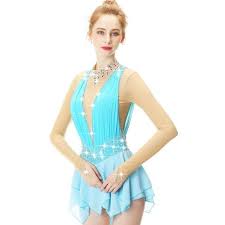 Blue Lace Flower Decoration Crystal Diamond Figure Skating Dress For Girls And Women Figure Skating Dresses Dresses Skating Dresses
