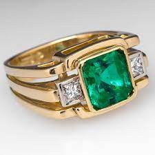 3 5 Carat Emerald Ring W Diamond Accents 18k Gold Mens Gemstone Rings Mens Emerald Rings Mens Ring Designs
