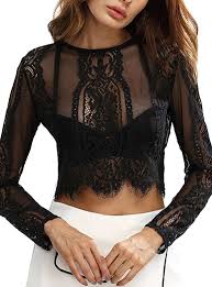 Sheer mesh like tribal print top has various shades of pink, magenta, plum and tan. Women S Cropped Semi Sheer Lace Top With Long Sleeves Black