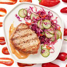 Grilled Pork Chops With Chile Cucumber Salad Peanut Sauce Recipe Pork Rib Recipes Grilled Pork Chops Grilled Pork