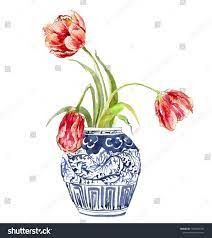 Hand Painted Watercolor Floral Illustration Flower Arrangements Tulip Bouquet In Chinese Blue And Wh Flower Illustration Floral Watercolor Floral Illustrations
