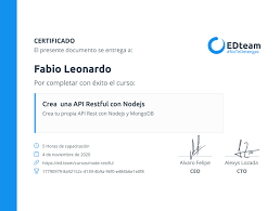 Certificado de Fabio Leonardo del curso Crea una API Restful con Nodejs