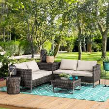 Sunjoy Atlanta Brown 4 Piece All Weather Wicker And Taupe Steel Seating Set With Tan Cushions 169759 The Home D In 2020 Outdoor Furniture Sets Seating The Home Depot