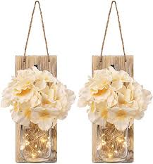 Amazon Com Gbtroo Rustic Mason Jar Sconces For Home Decor 6 Hours Timer Decorative Flower Wall Decor With Led Strip Lights Silk Hydrangea And Wrought Iron Hooks For House Decoration Set Of 2