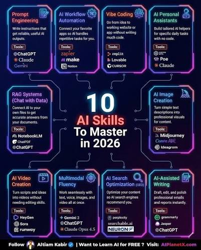Learn these 10 AI skills in 2026 to stay valuable at work 👇
