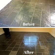 Slate Floor Beforelayers Of Old Sealsdirt Detergentetc Before Restoration Watch The Difference Before And After Slate Slate Flooring Flooring Restoration