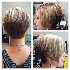 Check out the side and back views of this short stacked bob to get an idea of how the right cut and subtle balayage create a rounder shape that makes fine hair look thicker. Short Layered Stacked Bob Pixie Novocom Top