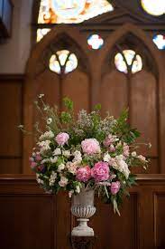 Rosegolden Flowers Altar Arrangement Of Peonies Lilac Lisianthus Nigella Campanula Bells Roses Etc Alter Flowers Altar Flowers Ceremony Flowers