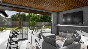 Go for modern decor pieces like this bar cart and end table to complete a glamorous chic look. 3d Render Of Interior Living Room And Kitchen In Beautiful Modern White Villa Modern Clean Design With Visible Concrete Wood Furniture Household Equipment View From Sofa To Garden And Terrace Stock Photo