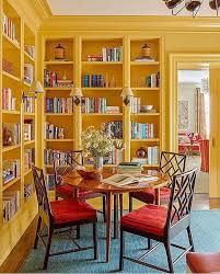 Cheery Yellow Library Shelves These Bookshelves Have Room To Add More Books Mine Have Not Been Like This For Years Home Happy Room Yellow Bookshelves