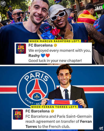 🚨 FC Barcelona posted a SPECIAL FAREWELL message for Marcus Rashford after his departure from the club… 🫶🥺❤️💙⬇️ Meanwhile, after Ferran Torres LEFT Barça to join PSG, the club simply posted the