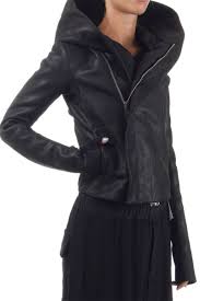 Rick Owens Women Calfskin Jacket Hooded Biker Black 2 Pockets Original Modestil Kleidung Tuch