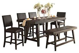 Fabyan Rough Industrial 6pc Counter Height Dining Set Table 4 Chair Bench In Rustic Dark Grey Counter Height Dining Sets Dining Table Setting Table