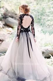 Black And White Long Gown With Sleeves A Line Lace Tulle V Neck Long Sleeve Floor Length Wedding Dress With Keyhole Back In 2020 Black Lace Wedding Dress Black Lace Wedding Black Wedding Dresses