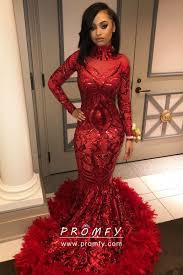 Black And Gold Long Sleeve Prom Dress Red Sequin Feather Long Sleeve Mermaid Prom Dress Promfy In 2020 Prom Dresses Long With Sleeves Feather Prom Dress Black Girl Prom Dresses