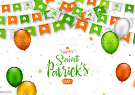 愛爾蘭假日愉快的聖派翠克的天背景與花環旗子五顏六色的喜慶彩旗與三葉草和氣球在白色向量圖形及更多三葉草圖片- iStock