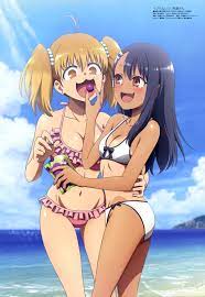 2girls ass big breasts bikini black hair blonde hair blush  breasts brown eyes cleavage curvy cute detailed background eating female  focus female only hayase nagatoro hi res japanese text