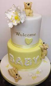 Baby Shower Cake Yellow And White With Bears Moon River Bakery On Facebook Baby Cake Baby Shower Cakes Shower Cakes