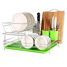 Okdeals 2 Tier Stainless Steel Dish Drying Rack With Tray Enamel Utensil Holder Plates Organizer Drainer With Dish Rack Drying Plate Organizer Kitchen Counter