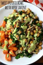 Sweet Potato Bowl With Herb Tahini Recipe Sweet Potato Bowls Mushroom Recipes Kale Recipes