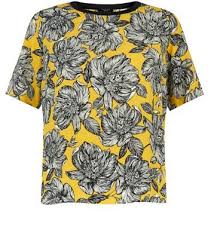Ribbed fabric with floral pattern. Petite Yellow Floral Print Ribbed Neck T Shirt Floral Print Tees Floral Prints Yellow Floral