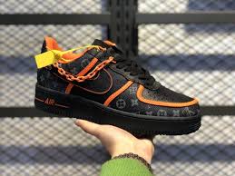 Virgil Abloh X Louis Vuitton X Nike Air Force 1 Monogram Black Orange Nike Fashion Shoes Louis Vuitton Shoes Heels Louis Vuitton Shoes Sneakers