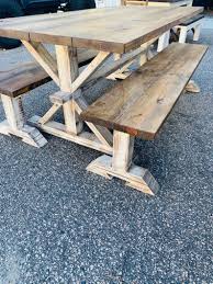 Rustic Pedestal Farmhouse Table Set With Long Benches Etsy In 2020 Farmhouse Table Setting Rustic Kitchen Tables Farmhouse Table