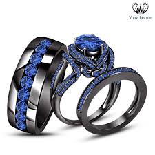 Ladies Mens Engagement Ring Trio Set Blue Sapphire Black Gold Over 925 Silver Blue Wedding Rings Wedding Ring Trio Sets Womens Engagement Rings