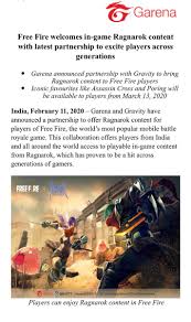 Check spelling or type a new query. Rishi Alwani On Twitter Free Fire Players To Get Ragnarok Online Content In The Form Of Events And Cosmetic Items From Mid March Seems Similar To Pubg Mobile S Resident Evil Collaboration Freefire Https T Co Hmzw0yphue