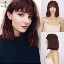 Classic and simple, dark brown hair offers the perfect base for red, blonde, caramel, and light brown highlights. Weilai Short Hair Straight Wig Neat Bangs Dark Brown Hair Synthetic Wigs Aliexpress
