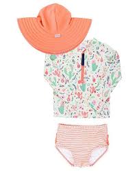 Rufflebutts Toddler Little And Big Girls Long Sleeve 2 Piece Rash Guard Bikini With Zipper Swim Hat Set