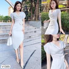 Váy body trắng trễ cổ hoa eo cao cấp V1385 - Thời Trang DVC